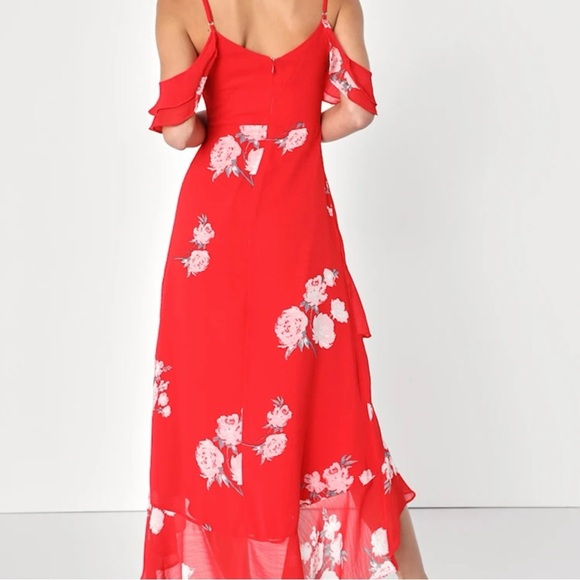 NWT, Lulus Love in Bloom Red Floral Print Off-the-Shoulder High-Low Dress, S - Picture 2 of 15